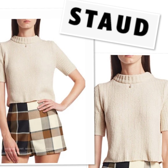 STAUD Short Sleeves Pearl Embellished Mock Neck As Seen On TV Sweater Size L - Picture 2 of 11